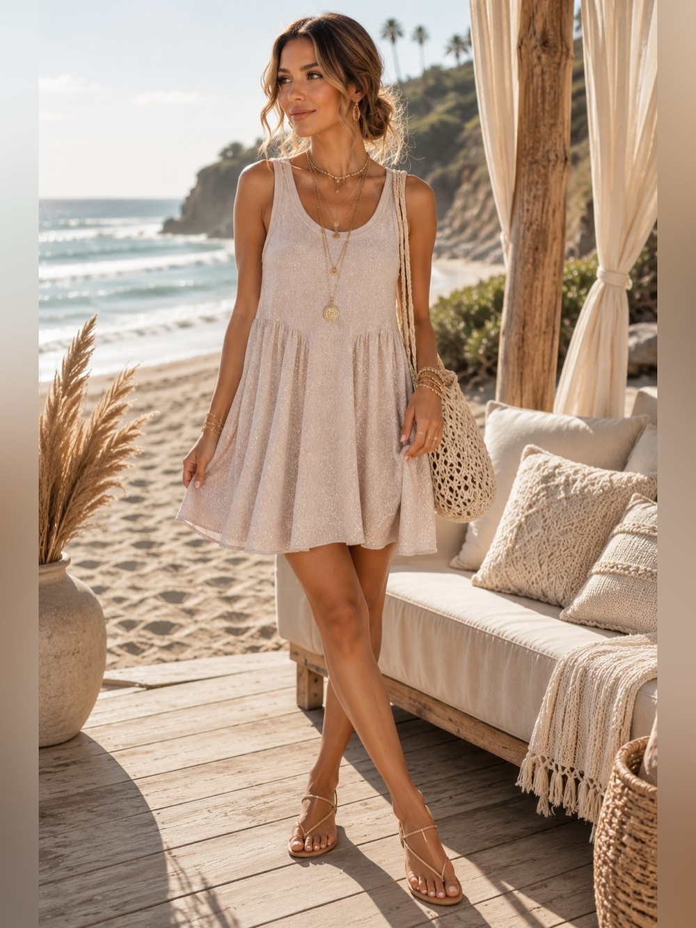FP Beach x Free People | Silver Metallic Glitter Babydoll Mini Dress - Size XS